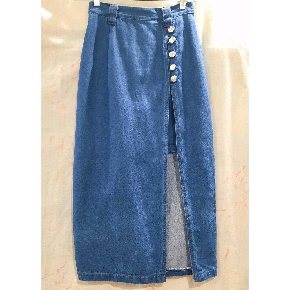 Vintage Midi Jean Skirt High Waisted Side Button Front Slit Built In Mini Y2k S
